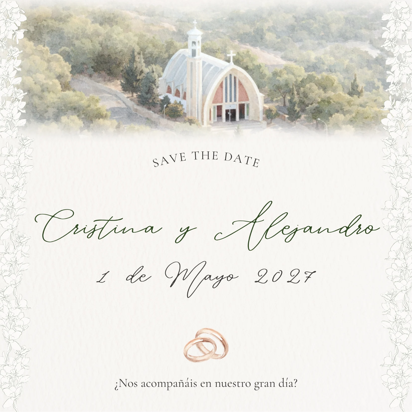 Invitación ilustrada de Cristina y Alejandro con la iglesia y detalles botánicos