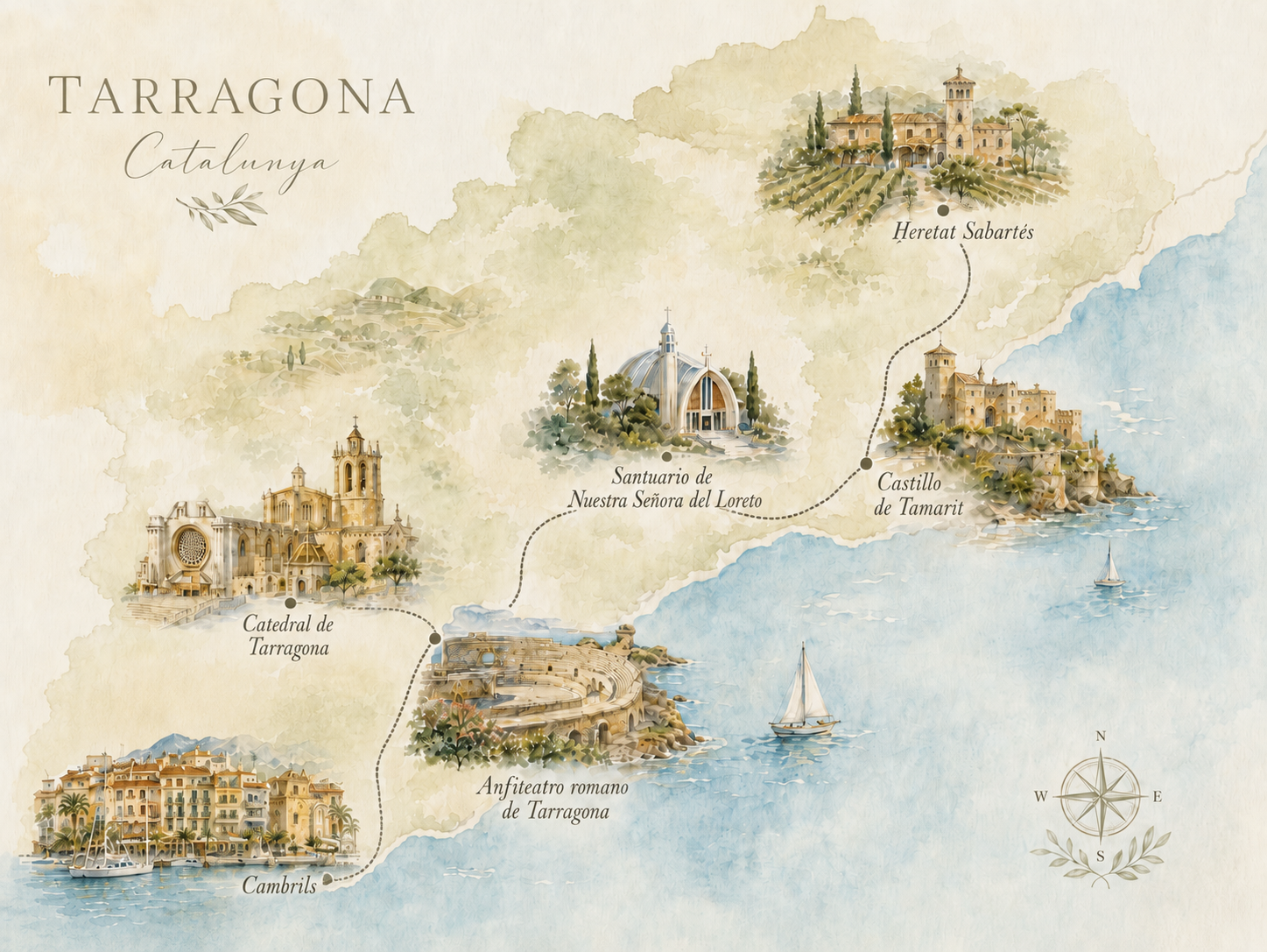 Mapa ilustrado de Tarragona con ubicaciones de la boda y recomendaciones